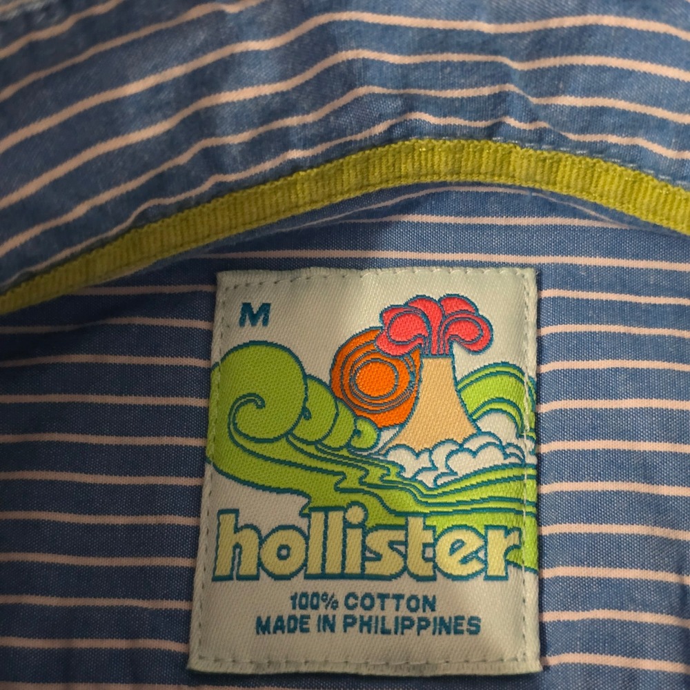 Vintage Hollister M Blue White Stripe Button Up Shirt Cotton Y2K Preppy Surf - Picture 5 of 7